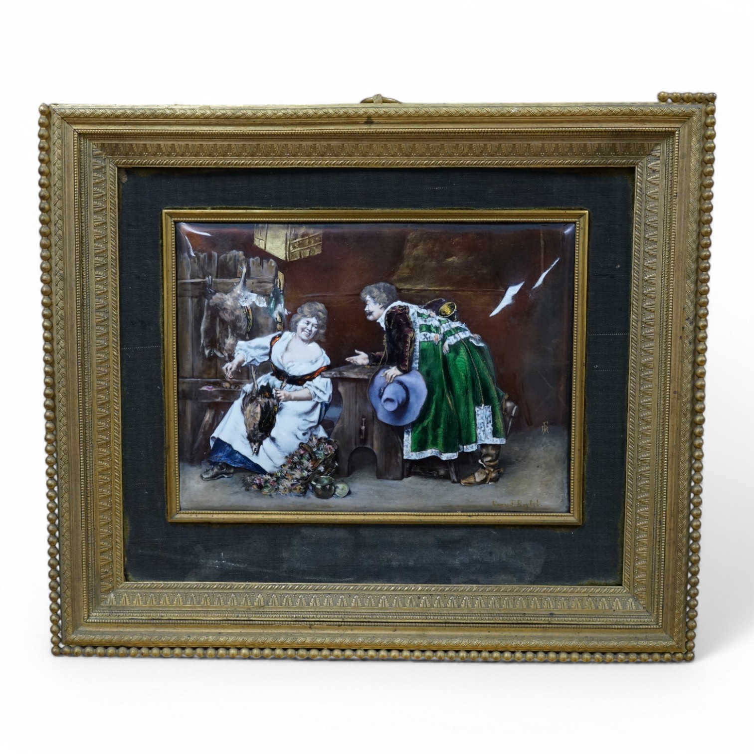 After Ferdinand Roybet (1840-1920), a framed Limoges enamel plaque, 11.5x15.5cm. Condition - fair
